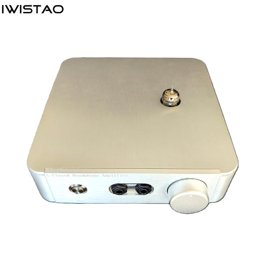 IWISTAO HIFI Hybrid Vacuum Tube Headphone Amplifier, silver-colored rectangular device with control knob and input/output ports.