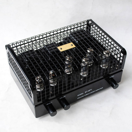 Black IWISTAO 2X12W HIFI Tube Amplifier with gold-plated RCA connectors and a grid of metal for the front panel.