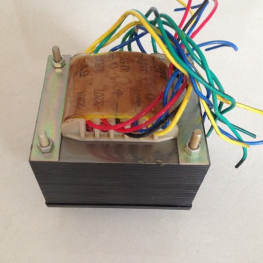 A 175W tube amplifier power transformer with multiple colored wires emerging from it, placed on a white surface.
