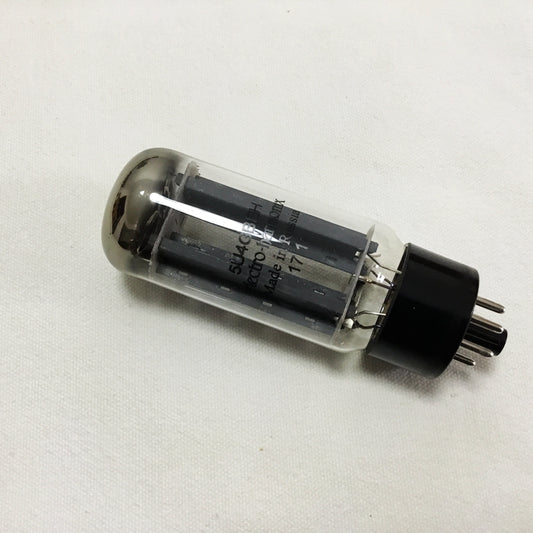 A 5U4GB rectifier tube for tube amplifiers, with a clear glass enclosure and black ends. The tube is labeled with '5U4GB' and 'EH' branding.