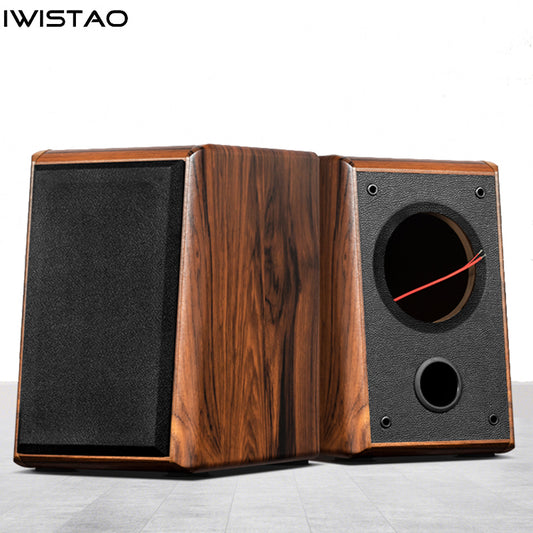 A pair of IWISTAO 5 inch full range speakers with a wooden front and black PVC leather, featuring a high density MDF board and a circular pin holes on the front panel.