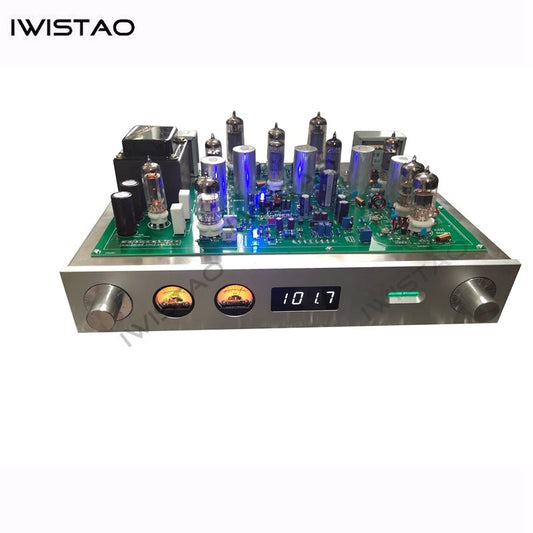 IWISTAO tube FM stereo radio tuner with visible vacuum tubes and electronic components on a circuit board, housed in a silver-colored chassis with black panel.