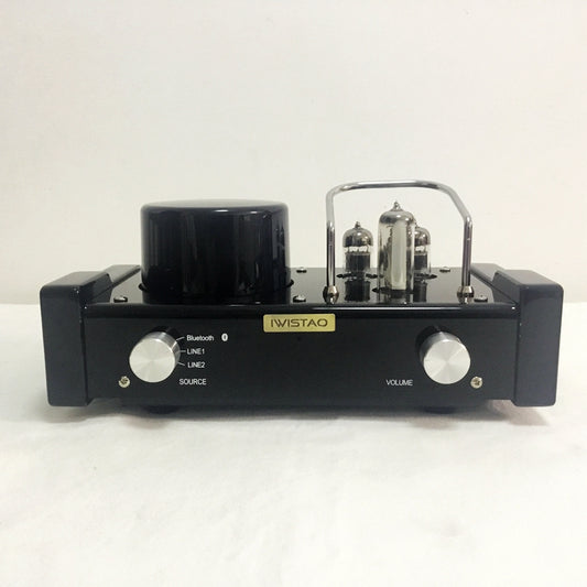A black IWISTAO HIFI MINI Tube Hybrid Amplifier with a glass panel displaying three tubes, volume knob, and switches for input and output.