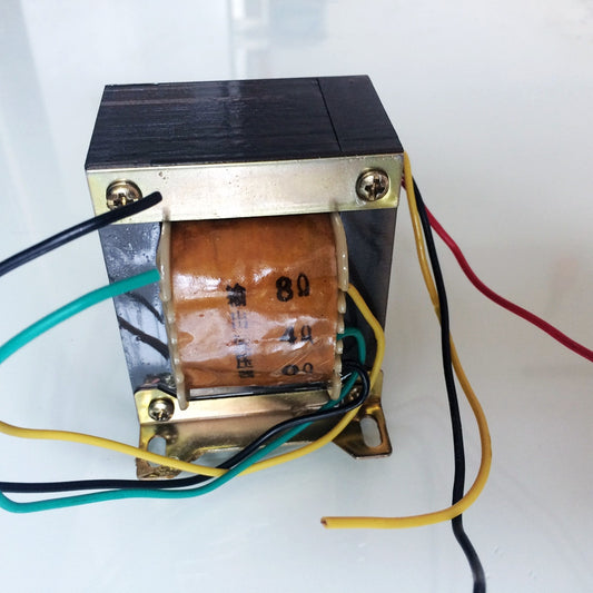 A 13W tube amplifier output transformer with annealed silicon steel core, featuring various colored wires (black, red, yellow, green) and a dial for adjustment.