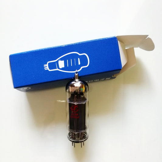 A Shuguang Vacuum Tube EL84 for Tube Amplifier, displayed in front of its blue packaging box.