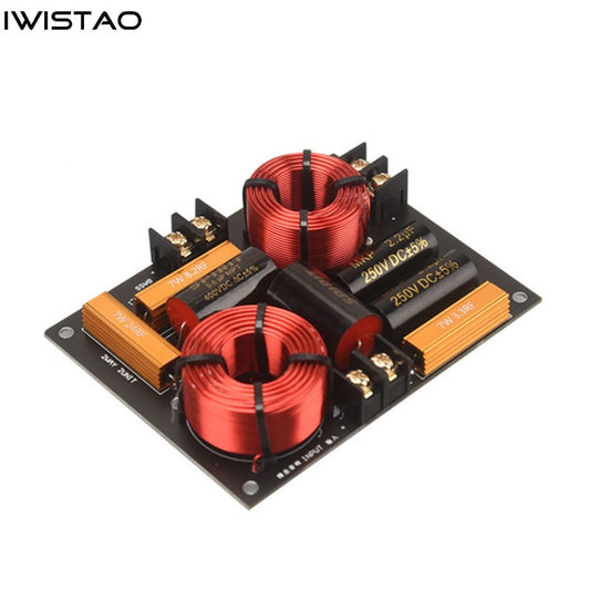 Electronic component board with red inductors and labeled components on a white background