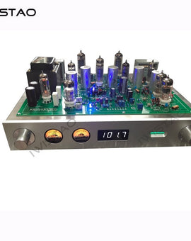 IWISTAO tube FM stereo radio tuner with visible vacuum tubes and electronic components on a circuit board, housed in a silver-colored chassis with black panel.