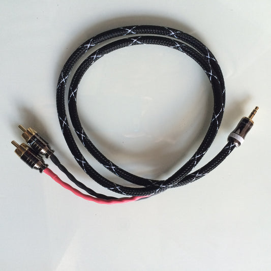 A black 3.5mm to 2 RCA stereo cable with visible Budweiser RCA connectors on one end and a silver-colored connector on the other.