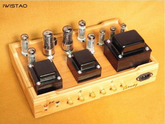IWISTAO Tube Amplifier Class A Single-ended 2X7W 6J8P Drive 2x6P1 Parallel All Retro-style Bamboo-wood Casing Scaffolding Soldering HIFI