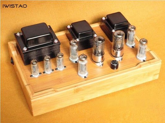 IWISTAO Tube Amplifier Class A Single-ended 2X7W 6J8P Drive 2x6P1 Parallel All Retro-style Bamboo-wood Casing Scaffolding Soldering HIFI